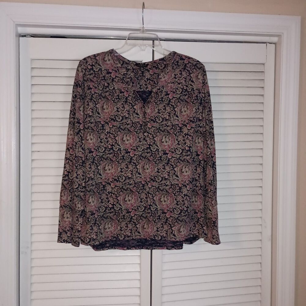 Lucky Brand Women's Blouse Size Large Paisley Blue Pink Long Button Sleeve
